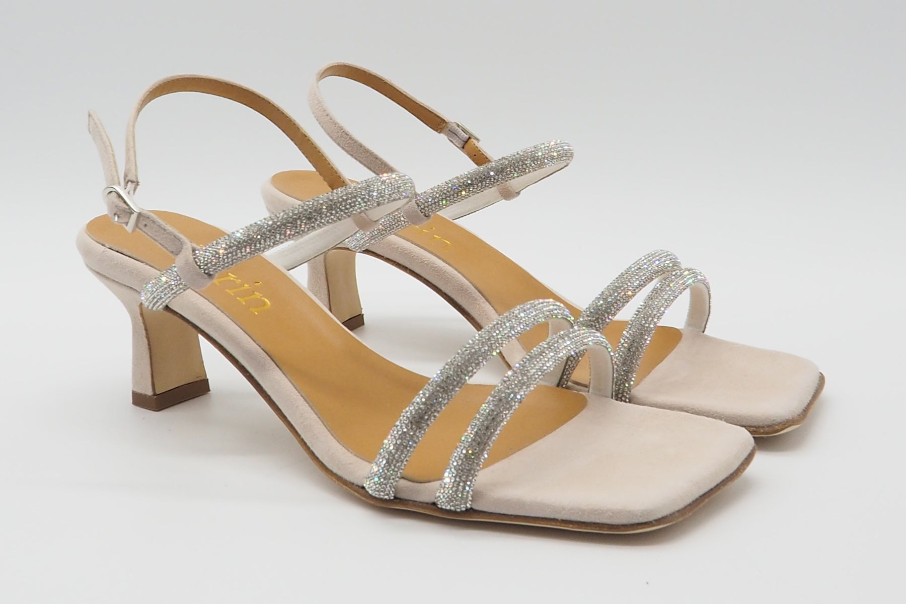 Edle Damen Absatz-Sandale aus Veloursleder in Nude mit Steinen besetzten Bänder - Absatz 6cm Damen Sandalen Karin 
