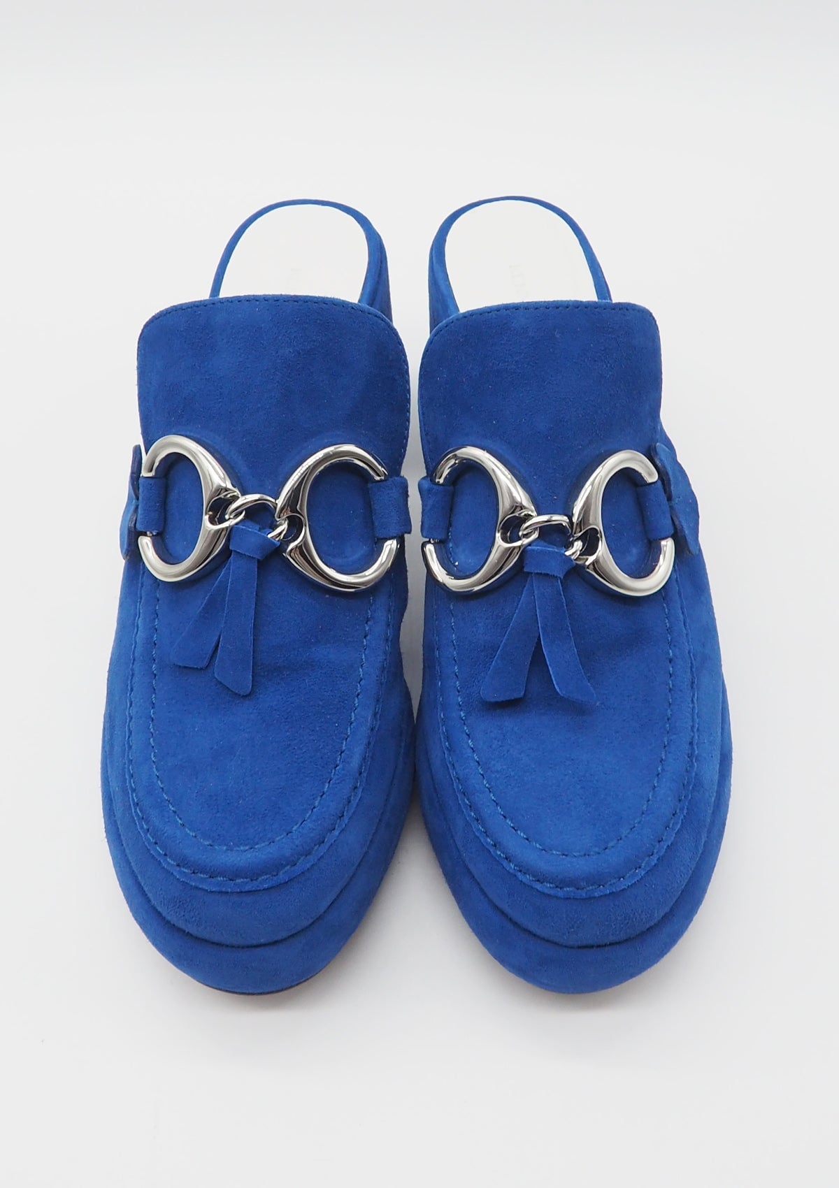 Feine Damen Plateau-Mules aus Veloursleder in Royalblau - Clogs IRA - Absatz 8cm Damen Mules & Sabots Kennel & Schmenger 