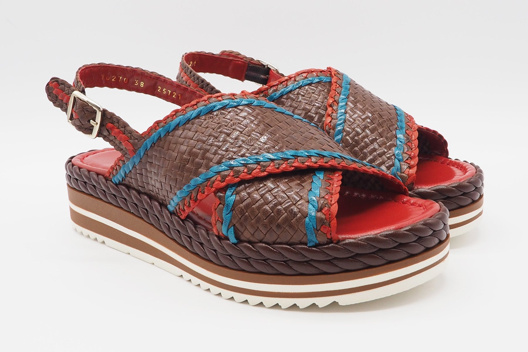 Feine Damen Sandale aus geflochtenem Leder in Braun, Blau & Rot - Absatz 4cm Damen Sandalen Pons Quintana 