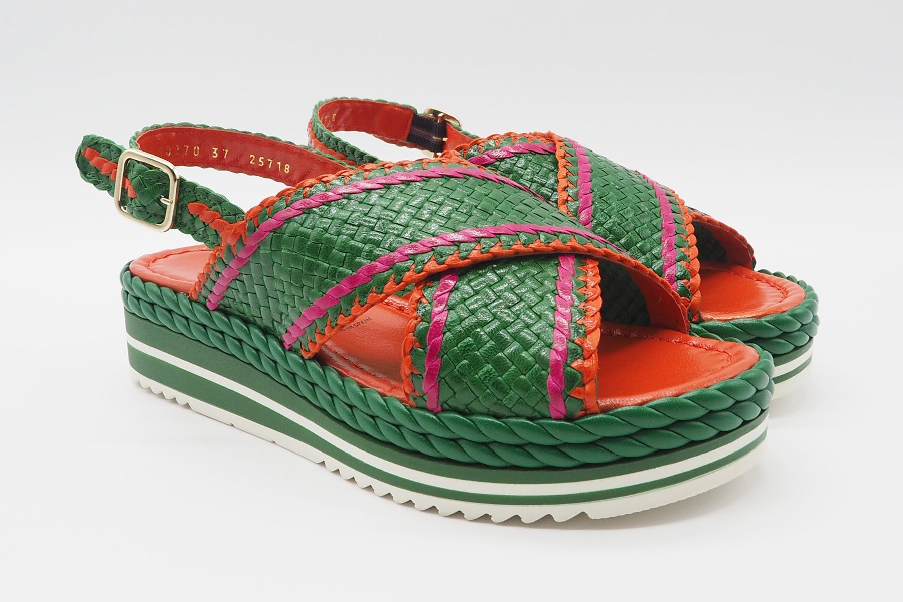 Feine Damen Sandale aus geflochtenem Leder in Grün, Orange & Pink - Absatz 4cm Damen Sandalen Pons Quintana 